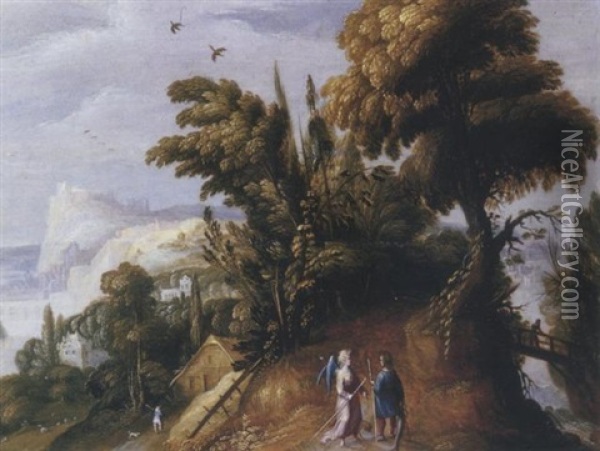 An Extensive Landscape With Tobias And The Angel Oil Painting - Jasper van der Laanen