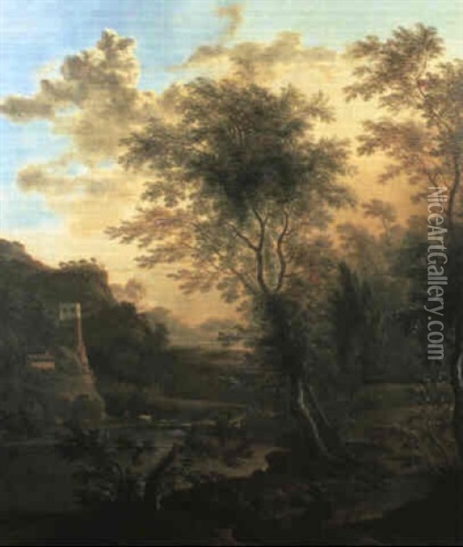 An Evening Italianate Landscape With A Cattle Drover Fording A Stream, A Ruined Tower And Mountains Beyond Oil Painting - Frederick De Moucheron