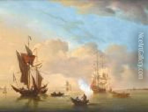 A Man-o'war Heaving-to In An Estuary And Firing A Salute With Other Shipping Close By Oil Painting - Peter Monamy