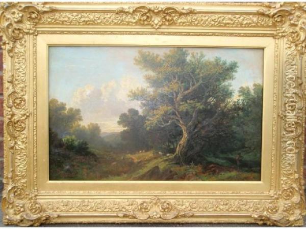Shepherd And Sheep In A Woodland Landscape Oil Painting - Henry Hewitt