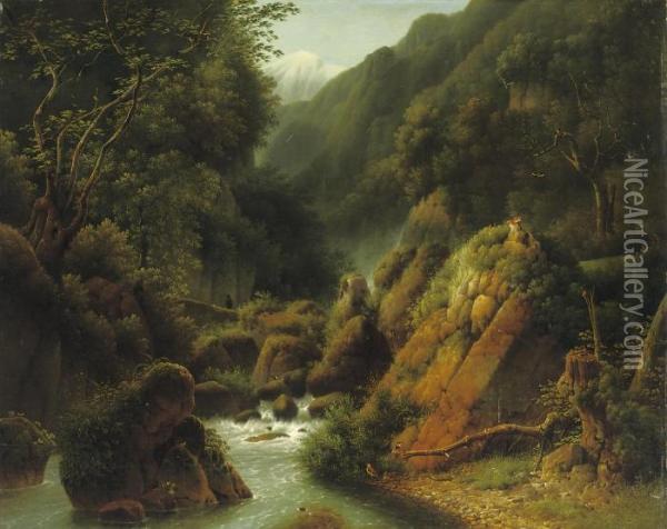 A Traveller In A Mountain Gorge Oil Painting - Joseph Augustus Knip