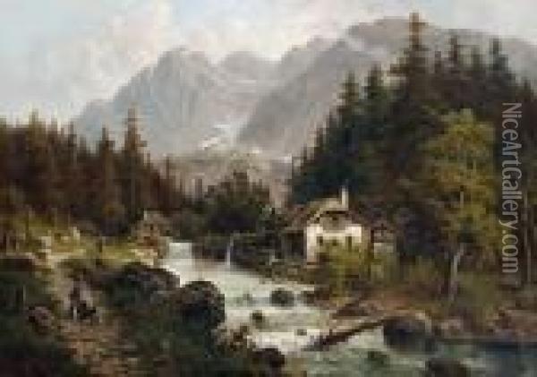 Watermill In An Alpine Landscape Oil Painting - Karl Julius Rose
