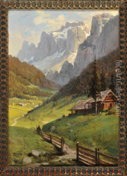 Blick Ins Villnostal Mit Geislergruppe In Den Dolomiten Oil Painting - Georg Janny