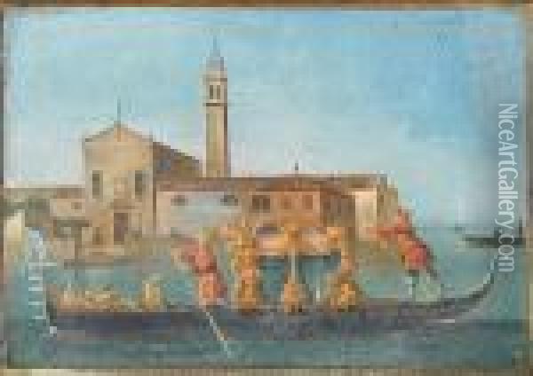 A Gondola Passing Before A Lagoon Island With A Church Oil Painting - Giuseppe Bernardino Bison