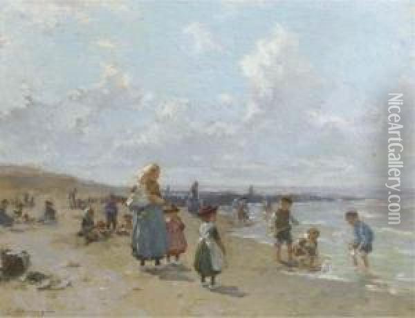 In De Vakantiedagen: Children Playing On The Beach In Summer Oil Painting - Johannes Evert Akkeringa