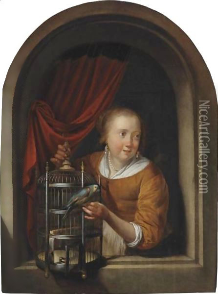 Young Girl With A Perroquet In A Niche Oil Painting - Gerrit Dou