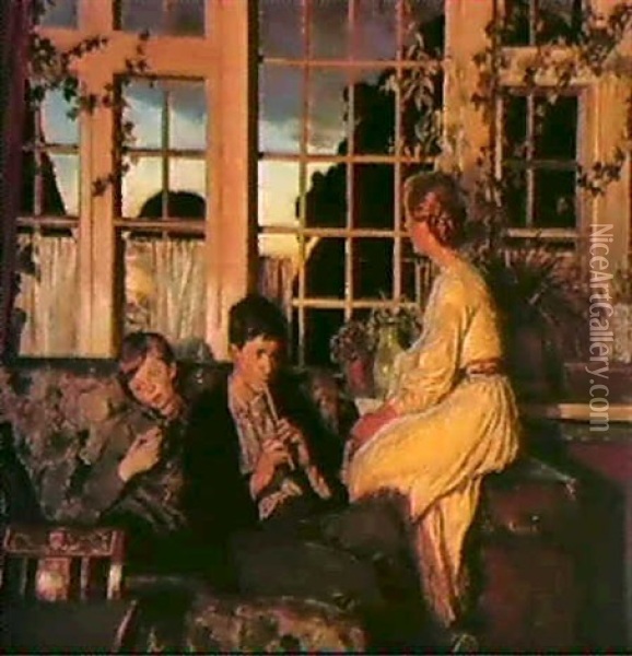 A Mother And Children By A Window At Dusk Oil Painting - Viggo Pedersen