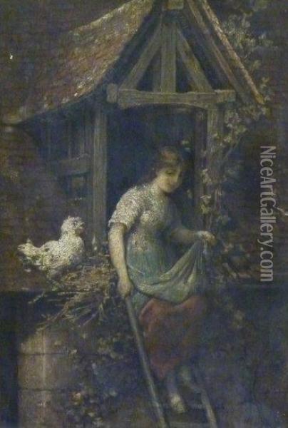Girl And Chicken In A Doorway Oil Painting - Hendricus-Jacobus Burgers