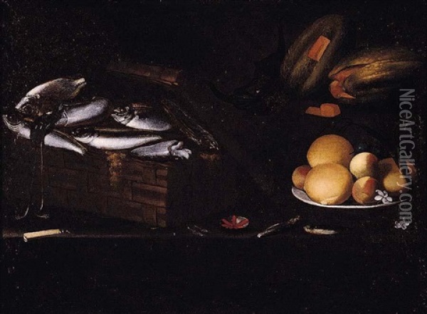 Still Life Of Fish And Squid In A Basket, Oranges And Peaches On A Plate, Together With Melons And A Knife, Arranged Upon A Table Top Oil Painting - Giovanni Battista Recco