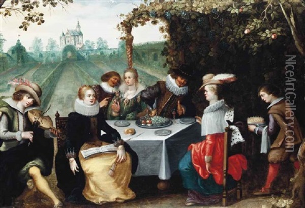 Elegant Company Dining In A Garden Oil Painting - Louis de Caullery