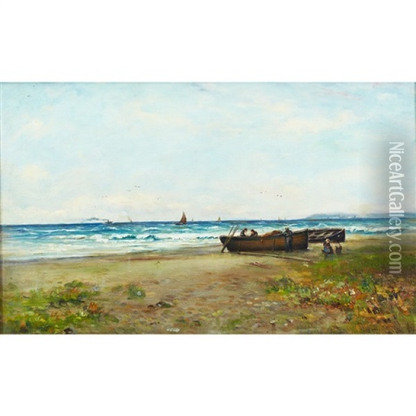 Beach Scene With Figures Tending Fishing Boats Oil Painting - Joseph Henderson