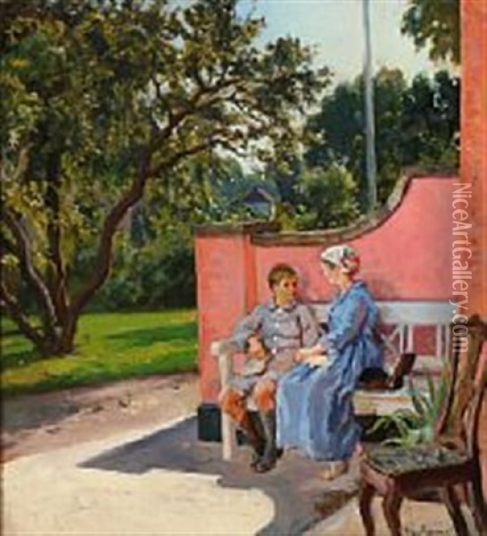 A Boy And A Woman Sitting On A Bench In Front Of A House, Summer Oil Painting - Viggo Pedersen