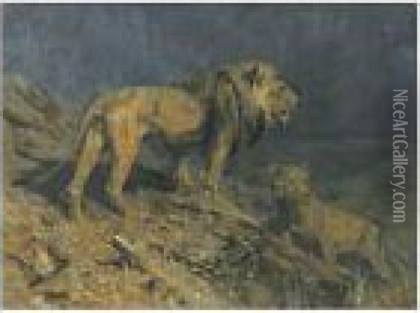 Lions At Midnight Oil Painting - Arthur Wardle
