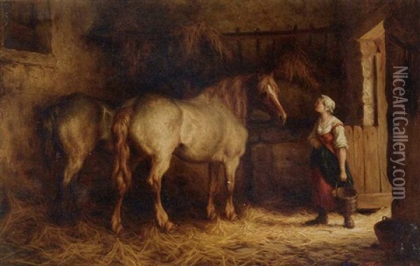 The Stable Girl Attending To The Horses Oil Painting - Willem Jacobus Boogaard