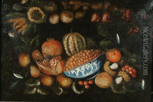 Still Life With Pomegranites, 
Cherries, A Blue And White Bowl Of Currants, Other Fruit, Funghi And 
Flowers Oil Painting - Giacomo Nani