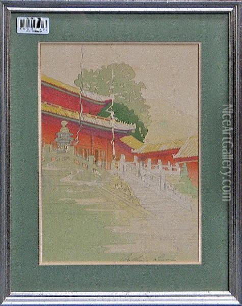 Entitled Tan Shi Sou, White 
Snake Temple, Dated 1924, Bertha Lum; Good Impression, Color Somewhat 
Faded Oil Painting - Bertha Boynton Lum
