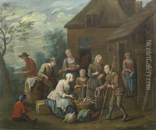 Vegetable Sellers Gathered Outside A Tavern; And Pilgrims Approaching Vegetable Sellers Before A Tavern (2) Oil Painting - Jan Baptist Monteyn