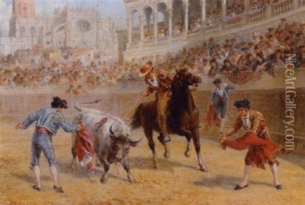 A Bull Fight At Seville Oil Painting - Robert Charles Dudley