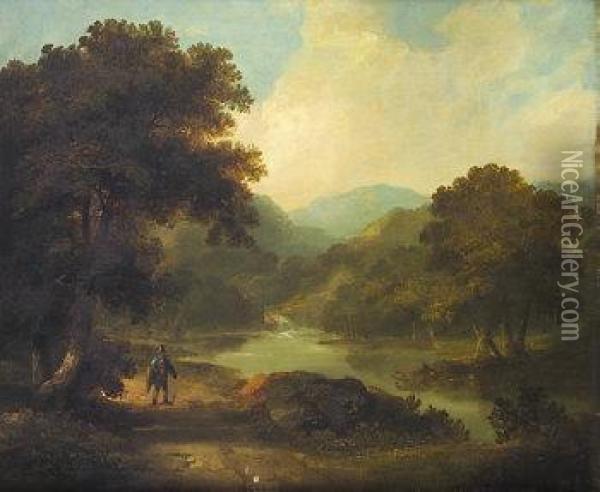 Figure Walking Alongside River Oil Painting - James Arthur O'Connor