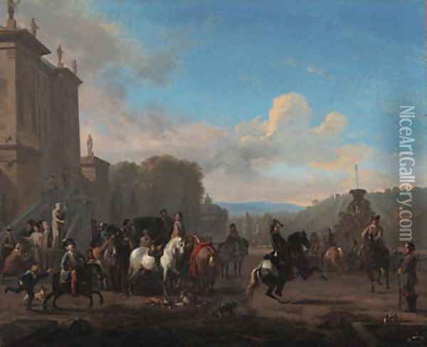 A hunting party by a fountain outside a mansion Oil Painting - Jan von Huchtenburgh