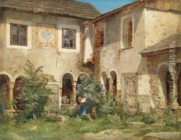 Children Pickingflowers In A Monastery Courtyard Oil Painting - Leopold Munsch
