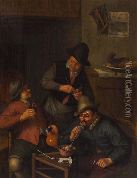 Two Smokers And Drinker In A Tavern Oil Painting - Adriaen Jansz van Ostade