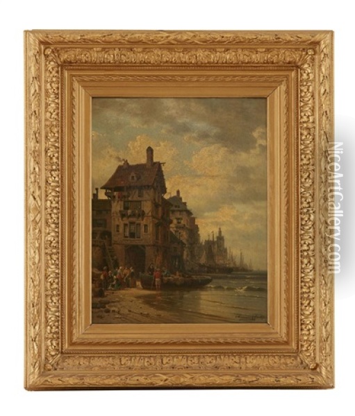 View Of The Port At Ostend (+ 1 Other; Pair) Oil Painting - Charles Euphrasie Kuwasseg