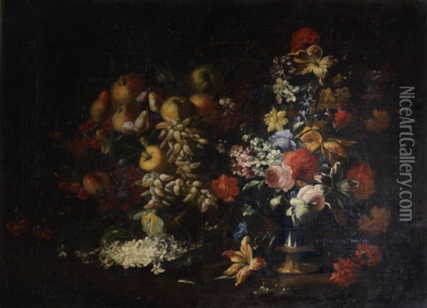 Pomegranates, Apples, Grapes, Plums And Fruit, With Poppies, Roses, Tulips And Other Flowers In A Bronze-mounted Urn Oil Painting - Abraham Brueghel