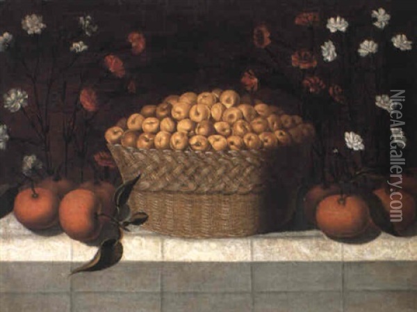 Basket Of Apricots With Oranges On A Cloth-covered Ledge Oil Painting - Blas de Ledesma Prado