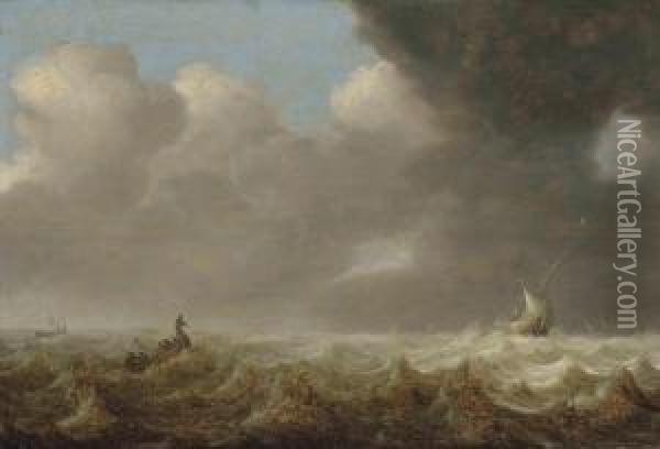 Fishing Boats In Rough Seas Oil Painting - Hendrik van Anthonissen