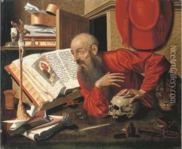 Saint Jerome In His Study Oil Painting - Marinus van Reymerswaele