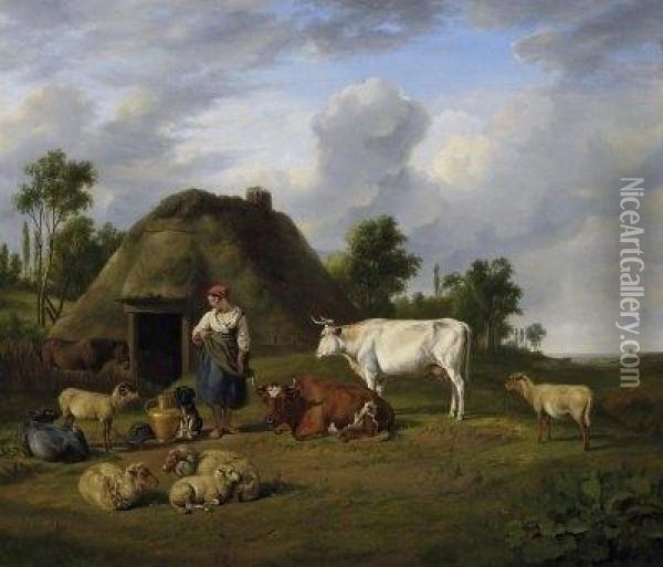 Country Life. Farmerwoman With Her Cattle On The Parture In Front Of The Yard. In The Background A View Onte A Dune Landscape. Signed Lower Centre: J. Rijk Fecit Oil Painting - James De Rijk