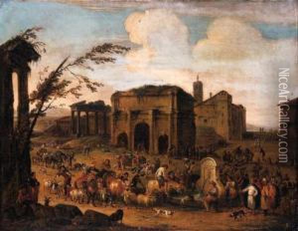 A Capriccio Of A Roman Marketplace With Peasants And Levants At Afountain Oil Painting - Pieter Van Bredael