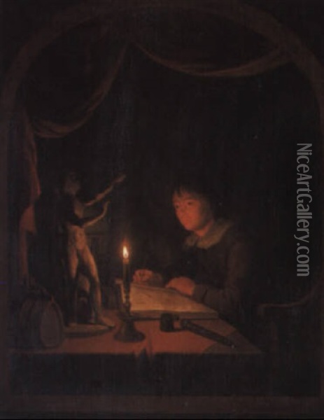 A Young Artist Sketching A Piece Of Sculpture By Candlelight Oil Painting - Gerrit Dou