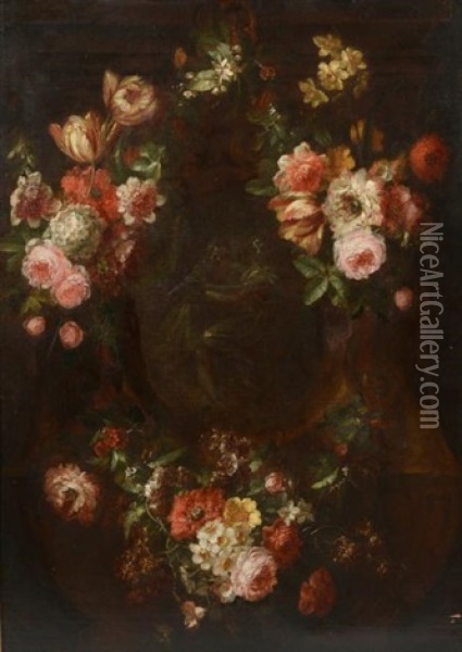Personnages Dans Un Entourage De Gerbes De Fleurs Oil Painting - Jan-Baptiste Bosschaert