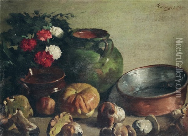 Stillleben Mit Blumen, Pilzen, Krug Und Kupferschussel Oil Painting - Adolfo Feragutti Visconti