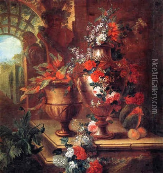 Still Life Of Roses, Poppies, Honeysuckle, Hydrangeas And Other Flowers In An Urn Resting On A Stone Ledge Oil Painting - Pierre Nicolas Huilliot
