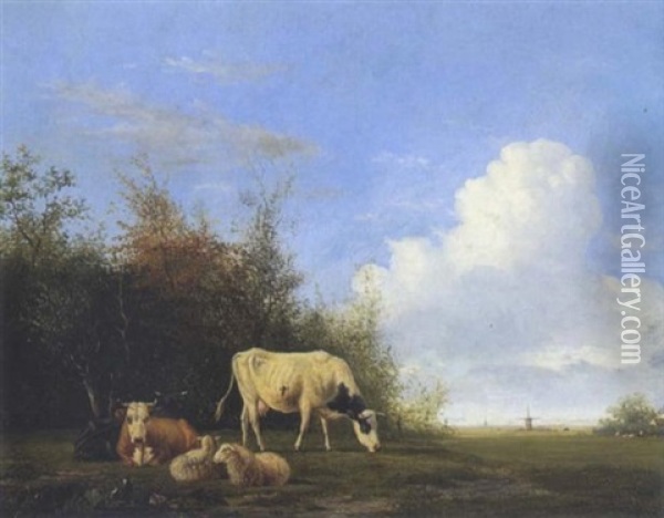 Kuhe Und Schafe Auf Der Weide Oil Painting - Johannes Jacobus (Jan) Heppener