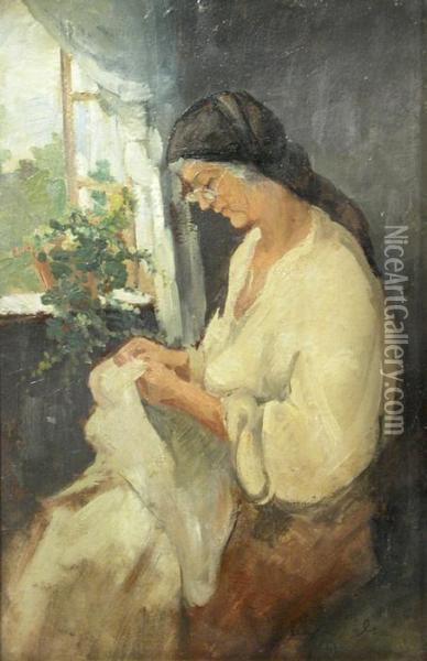 Woman Sewing At The Window Oil Painting - Ion Marinescu Valsan