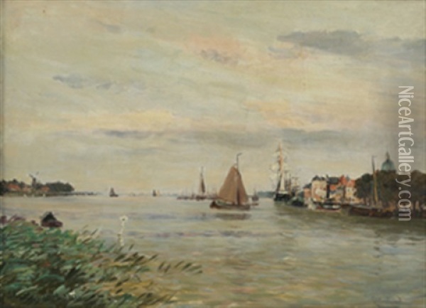 Hollandsk Havneparti Oil Painting - Johannes Martin Grimelund