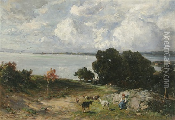Blick Auf Die Insel Reichenau, Im Vordergrund Ein Ziegenhirte Oil Painting - Wilhelm Friedrich Frey