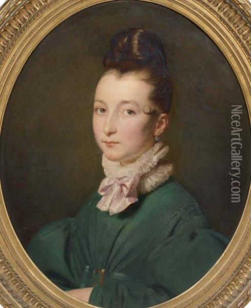 Portrait De Femme En Robe Verte Oil Painting - Achille Jacques Jean Marie Deveria