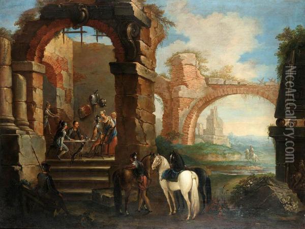 Zolnierze Odpoczywajacy W Ruinach, Lombardia, 1 Cw. Xviii W. Oil Painting - Tomaso Formenti