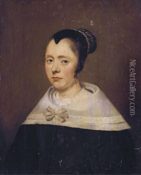 Portrait Of A Lady, Bust-length, In A Black Dress, A White Collarand A Black Bonnet Oil Painting - Jan Anthonisz Van Ravesteyn