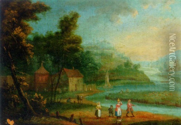 A River Landscape With Villagers In The Foreground Oil Painting - Jan Griffier the Elder