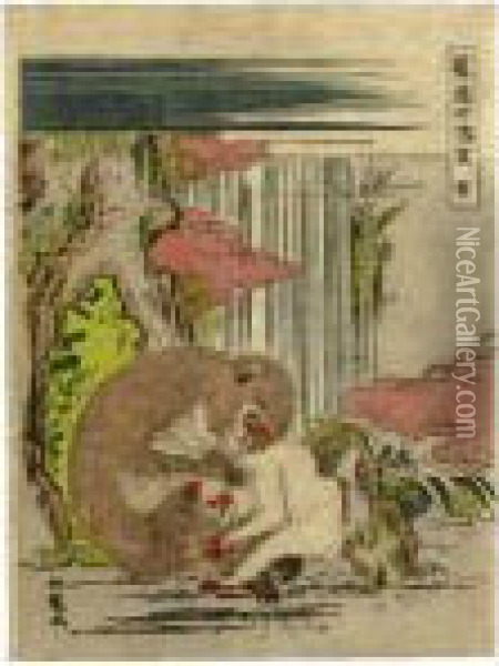 Monkey And Young From The Series ````````furyu Junishi Saru' Oil Painting - Isoda Koryusai