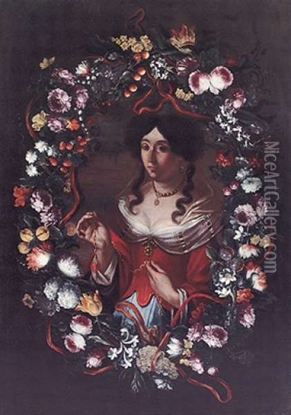 Bildnis Einer Dame Mit Goldkette In Blumen- Und Fruchtegirlande Oil Painting - Mario Nuzzi