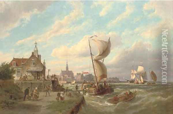 The barge at the Goeser veerhuis with Goes in the distance Oil Painting - Pieter Christiaan Cornelis Dommersen