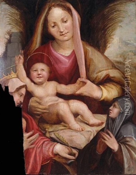 The Madonna And Child With Attendant Saints Oil Painting - Girolamo da Treviso the Younger