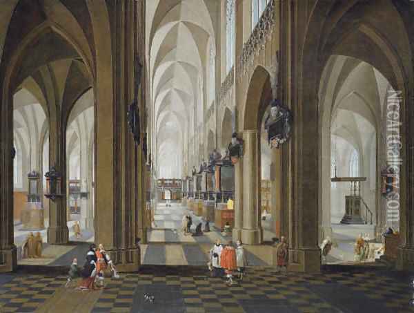 A church interior with elegant company in the nave and aisle Oil Painting - Peeter, the Elder Neeffs